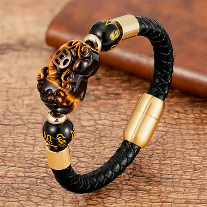 Buddhist Blessing Tiger Eye Black Onyx Red Agate PiXiu Copper Coin Om Mani Padme Hum Strength Leather Bracelet