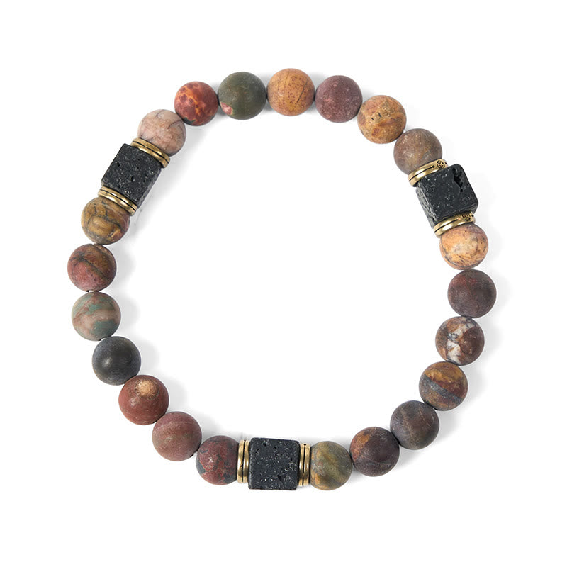 Buddhist Blessing Natural Picasso Jasper Square Lava Rock Positive Bracelet