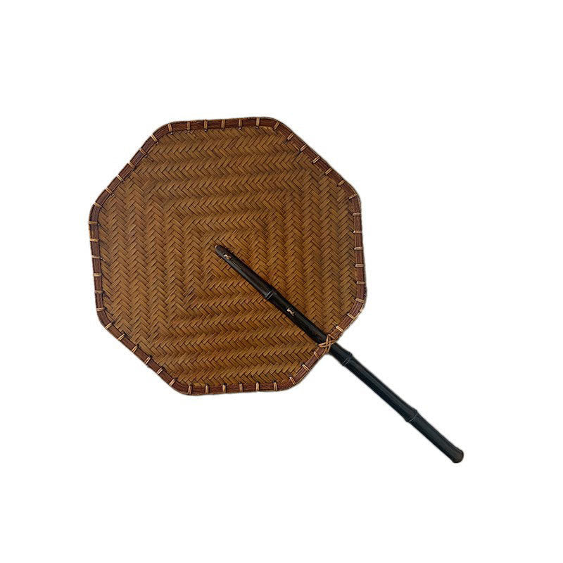 Buddhist Blessing Vintage Chinese Style Handmade Round Octagonal Shaped Bamboo Long Handle Fan