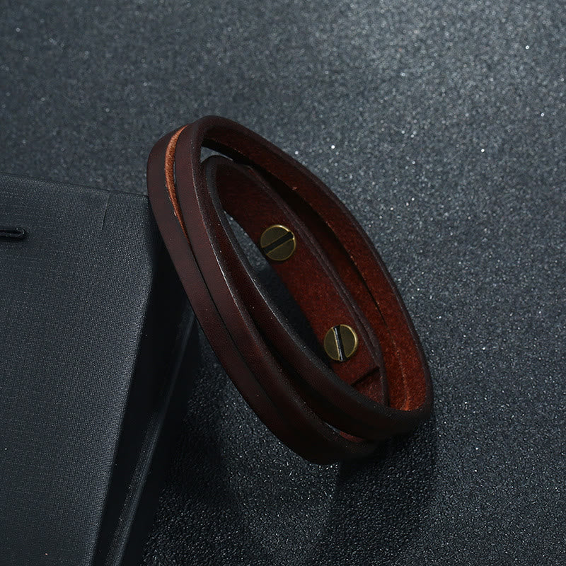 Buddhist Blessing Vintage Multi-layer Leather Strength Buckle Bracelet