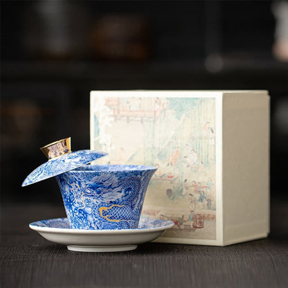Buddhist Blessing Thangka Dragon Buddhas Dunhuang Ceramic Gaiwan Sancai Kung Fu Tea Cup And Saucer With Lid Gift Box 180ml
