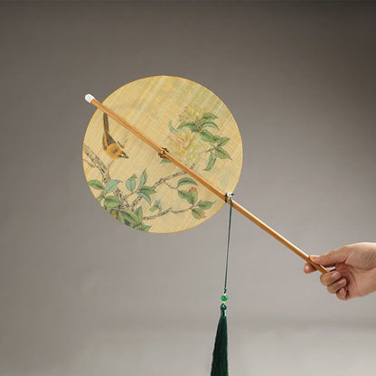 Buddhist Blessing Handmade Birds Flowers Persimmons Fruit Koi Fish Lotus Bamboo Long Handle Portable Curlable Fan