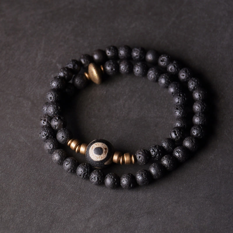 Buddhist Blessing Vintage Lava Rock Three-eyed Dzi Bead Copper Brass Beads Double Wrap Healing Bracelet