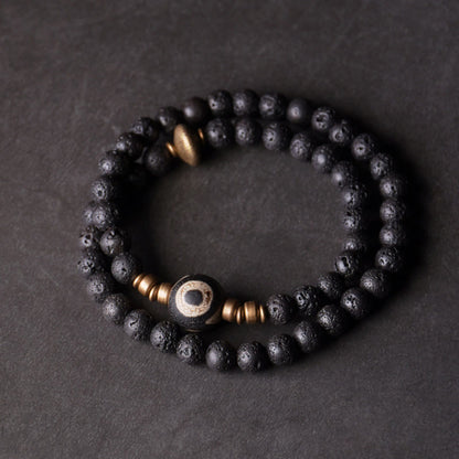 Buddhist Blessing Vintage Lava Rock Three-eyed Dzi Bead Copper Brass Beads Double Wrap Healing Bracelet