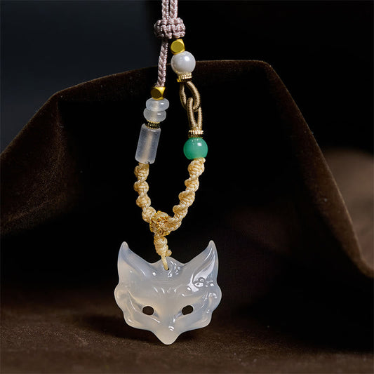 Buddhist Blessing Fox Mask White Agate Protection Necklace Pendant