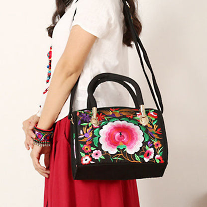 Buddhist Blessing Money Tree Peony Camellia Double-Sided Embroidery Canvas Shopping Purse Handbag Crossbody Bag