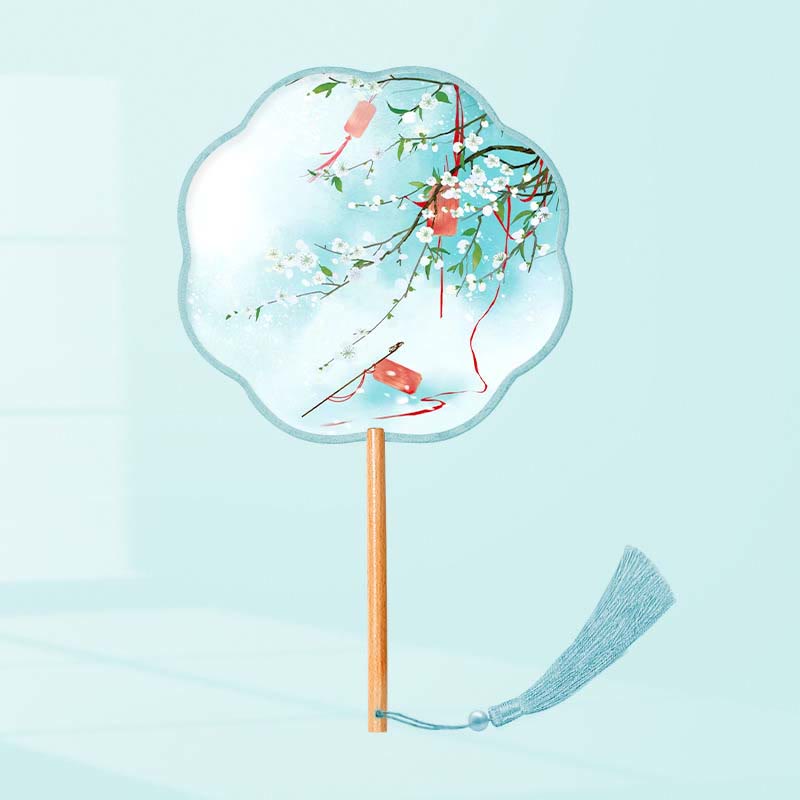 Buddhist Blessing Ginkgo Leaf Koi Fish Cherry Blossom Spring Flowers Handheld Wood Handle Fan