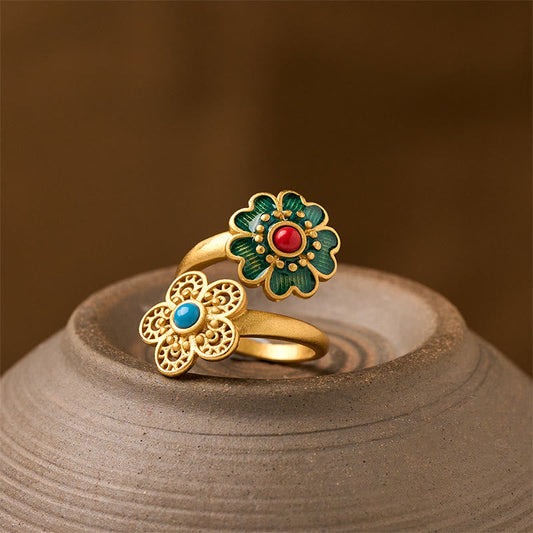 Buddhist Blessing Double Petals Copper Dripping Turquoise Wealth Ring