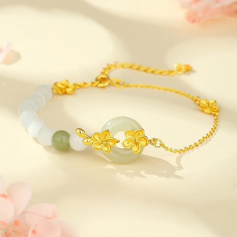 Buddhist Blessing 999 Sterling Silver Natural Hetian Jade Peace Buckle Peach Blossom Luck Bracelet