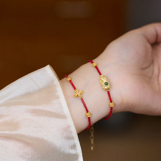 Buddhist Blessing 24k Gold Plated 925 Sterling Silver Liuli Glass Bead PiXiu Four Leaf Clover Joy And Happiness Wealth Bracelet