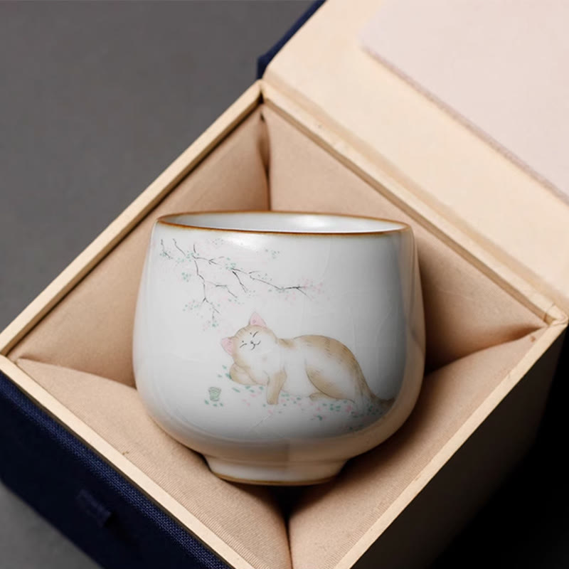Buddhist Blessing Cute Cat Branches Teacup Kung Fu Tea Cup With Gift Box