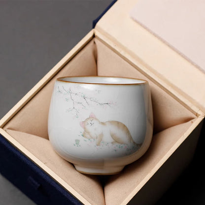 Buddhist Blessing Cute Cat Branches Teacup Kung Fu Tea Cup With Gift Box