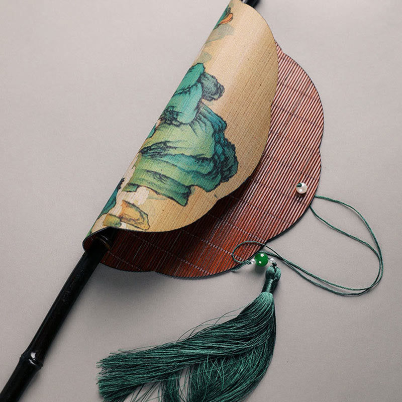 Buddhist Blessing Handmade Bamboo Thousand Miles of Rivers and Mountains Long Handle Portable Curlable Fan