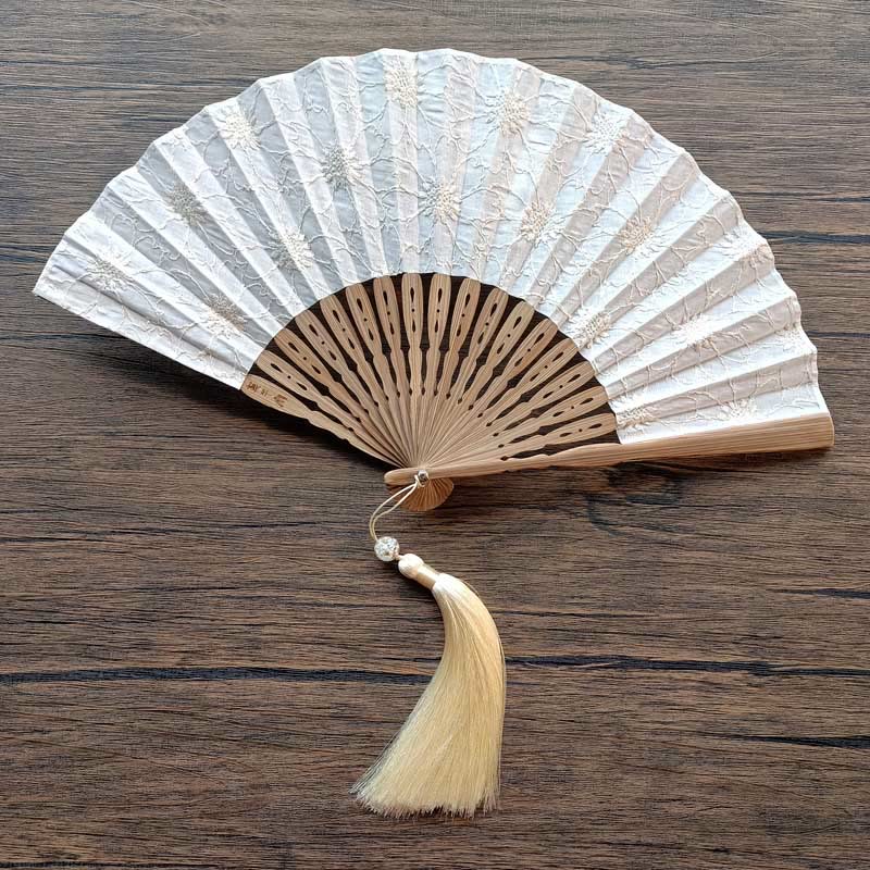 Buddhist Blessing Solid Color Hollow Flowers Embroidery Cotton Fabric Handheld Bamboo Folding Fan