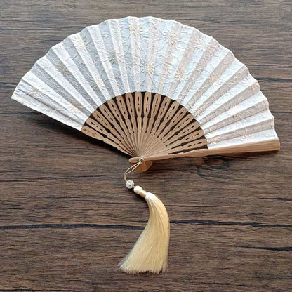 Buddhist Blessing Solid Color Hollow Flowers Embroidery Cotton Fabric Handheld Bamboo Folding Fan