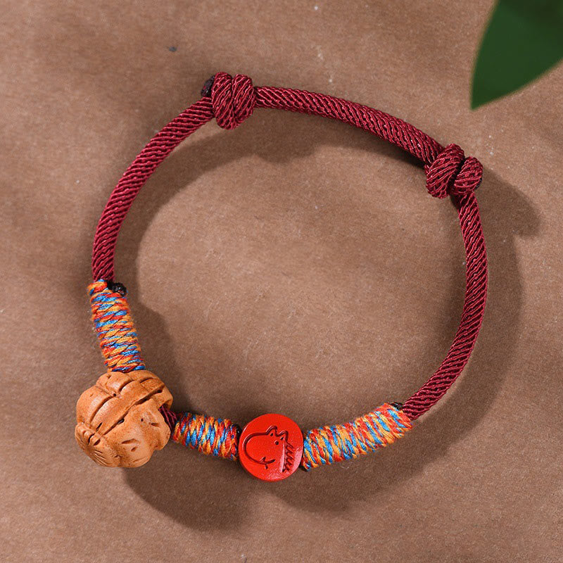 Buddhist Blessing Handmade Chinese Zodiac Red String Peach Pit Cinnabar Luck Bracelet