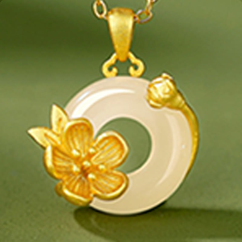 Buddhist Blessing Chalcedony 925 Sterling Silver Peace Buckle Flowers Necklace Pendant