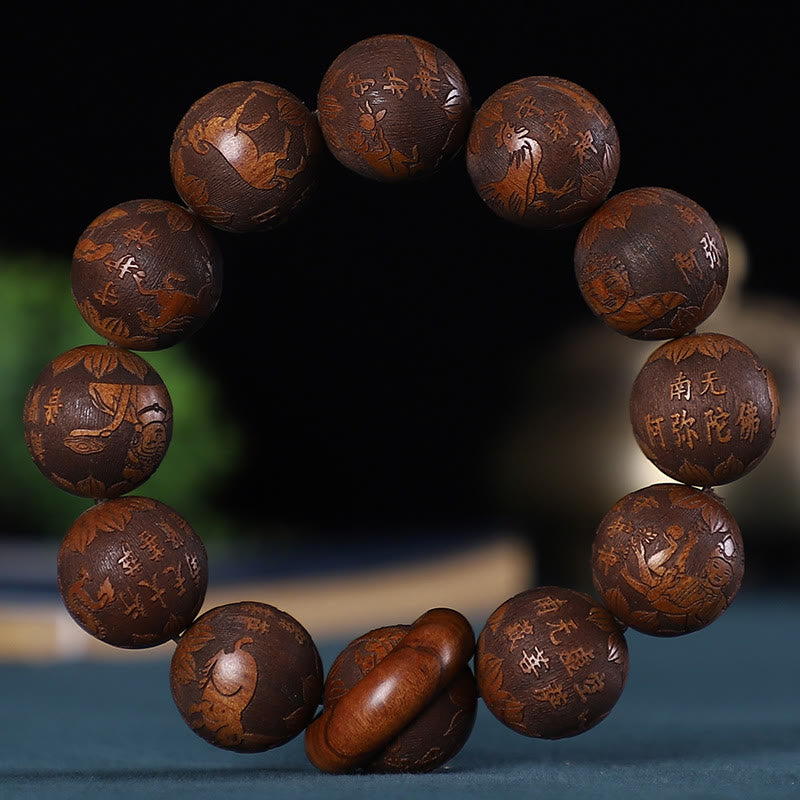 Buddhist Blessing Chinese Zodiac Rosewood Green Sandalwood Ebony Wood Copper Coin Carved Calm Bracelet