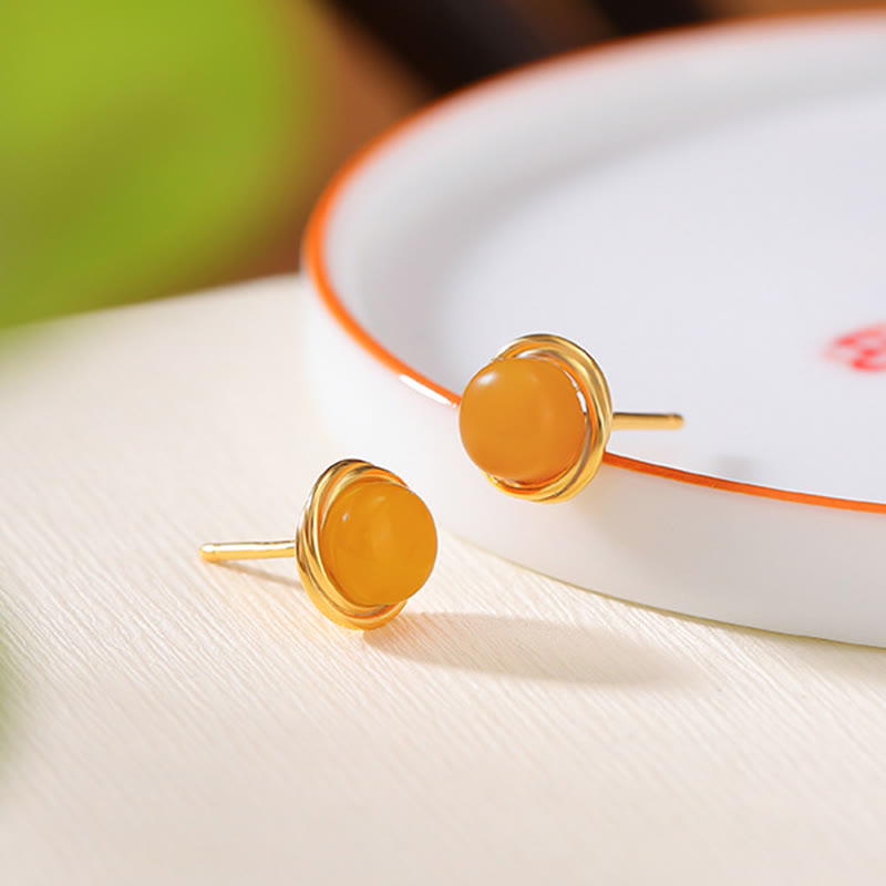Buddhist Blessing 925 Sterling Silver Hetian Jade Agate Amber Luck Earrings