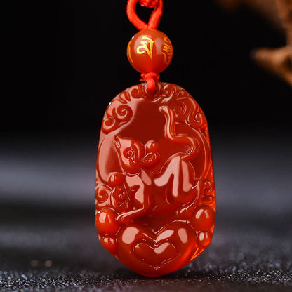 Buddhist Blessing Chinese Zodiac Red Agate Luck Necklace Pendant