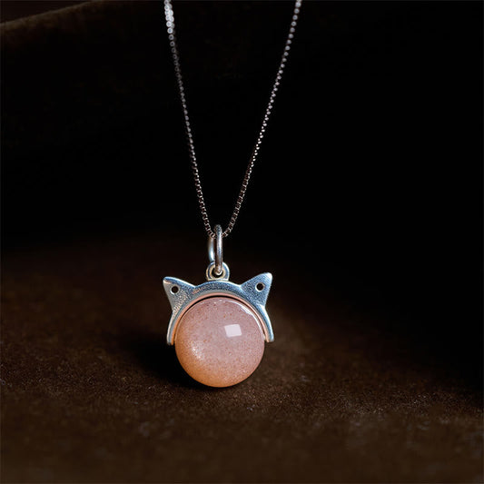 Buddhist Blessing 925 Sterling Silver Natural Orange Moonstone Cat Healing Necklace Pendant
