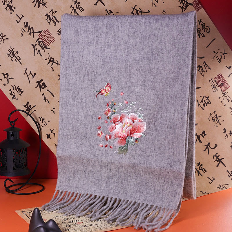 Buddhist Blessing Wool Shawl Pink Peony Butterfly Embroidery Tassel Winter Cozy Travel Scarf Wrap