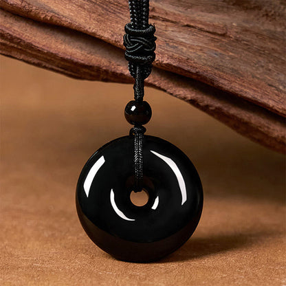 Buddhist Blessing Natural Black Obsidian Peace Buckle Strength Rope Necklace Pendant