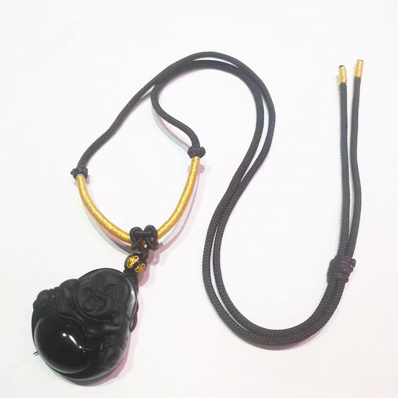 Buddhist Blessing Natural Black Obsidian Ice Obsidian Laughing Buddha Purification Necklace Pendant