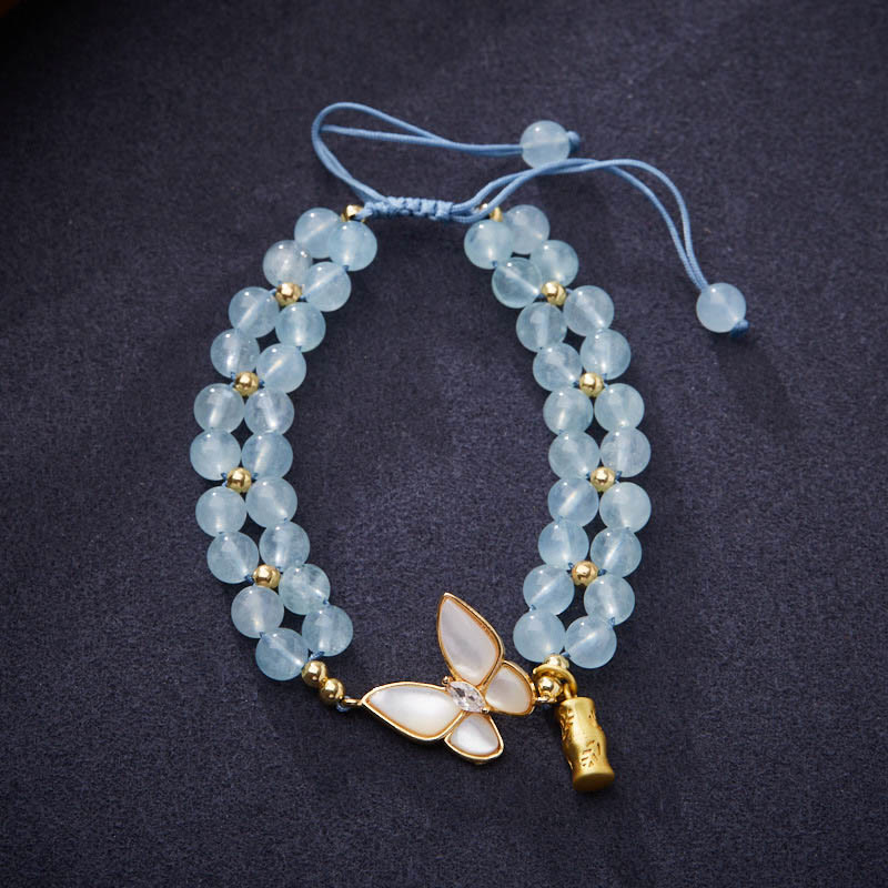 Buddhist Blessing Natural Aquamarine Amethyst Moonstone Butterfly Bamboo Healing Bracelet