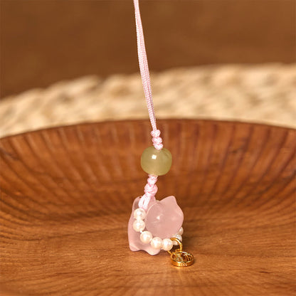 Buddhist Blessing Pink Crystal Amethyst Citrine Pearl Fu Character Lucky Kitten Warmth Phone Hanging Decoration