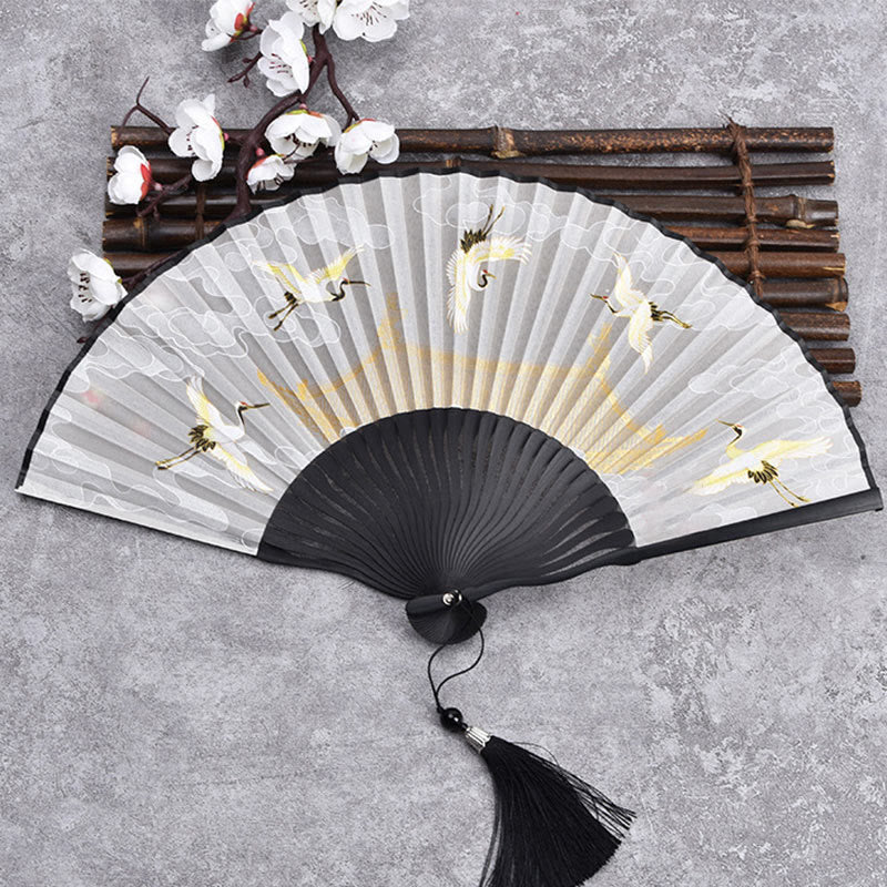 Buddhist Blessing Cranes Auspicious Clouds Solid Color Gradient Handheld Cotton Linen Fabric Bamboo Folding Fan