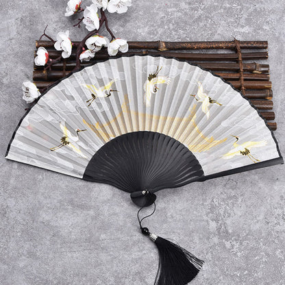 Buddhist Blessing Cranes Auspicious Clouds Solid Color Gradient Handheld Cotton Linen Fabric Bamboo Folding Fan
