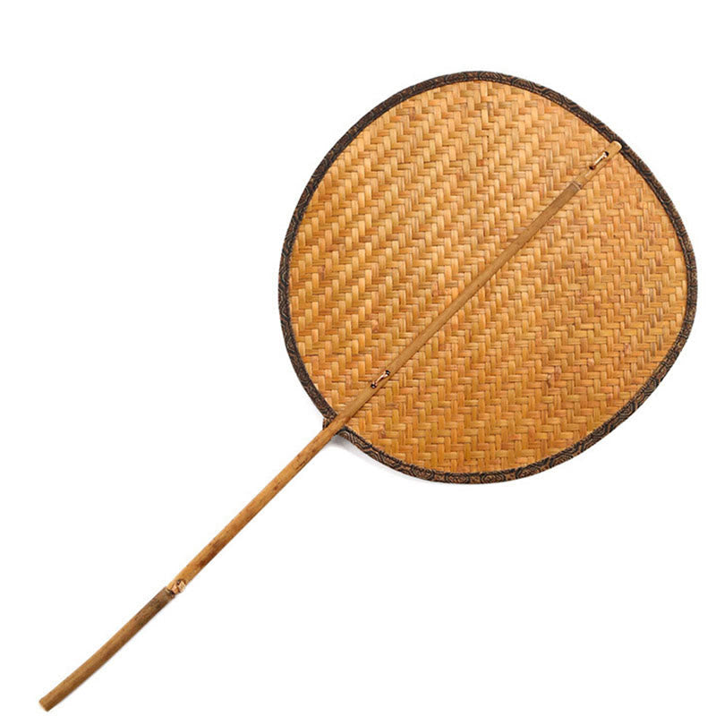 Buddhist Blessing Summer Retro Chinese Style Handmade Bamboo Woven Round Banana Shape Long Handle Fan