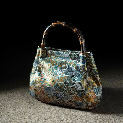 Buddhist Blessing Jacquard Flowers Butterfly Bamboo Handle Metal Chain Crossbody Bag Hangbags