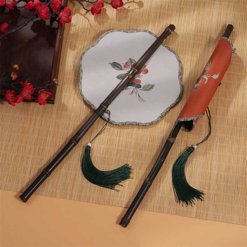 Buddhist Blessing Handmade Cherry Bamboo Leaf Grape Pattern Long Purple Bamboo Handle Portable Curlable Fan