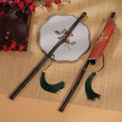 Buddhist Blessing Handmade Cherry Bamboo Leaf Grape Pattern Long Purple Bamboo Handle Portable Curlable Fan