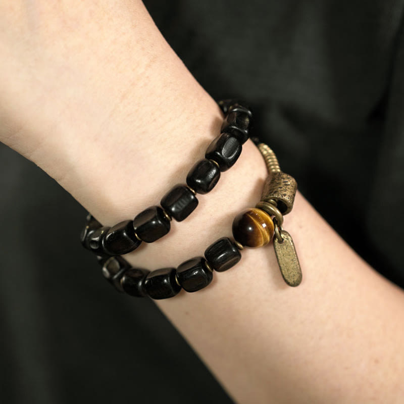 Buddhist Blessing Ebony Wood Copper Brass Tiger Eye Peace Double Wrap Bracelet