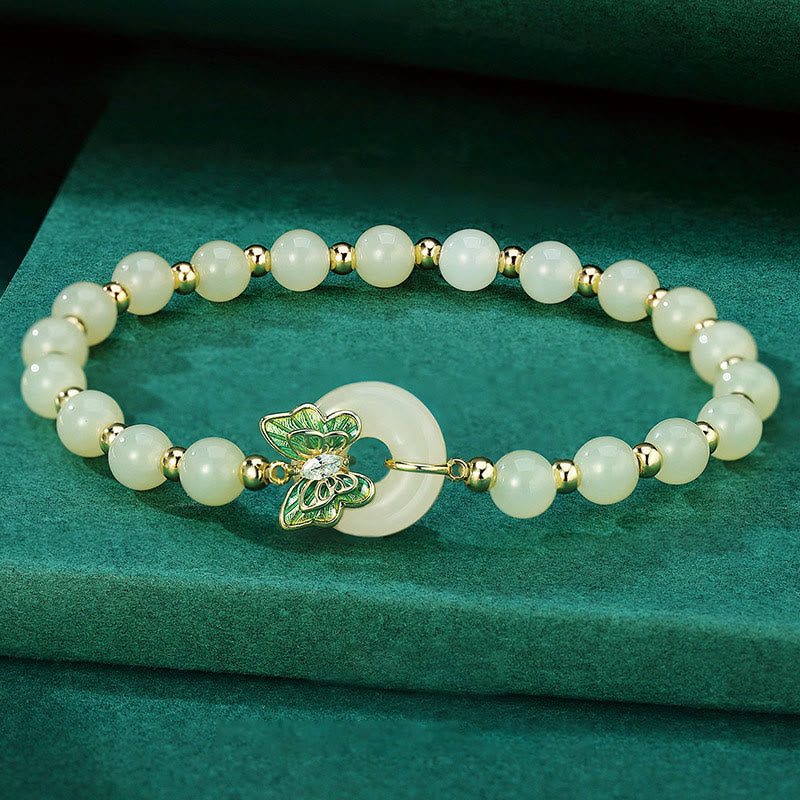 Buddhist Blessing 925 Sterling Silver Natural Hetian Jade Peace Buckle Butterfly Zircon Luck Bracelet Necklace Pendant
