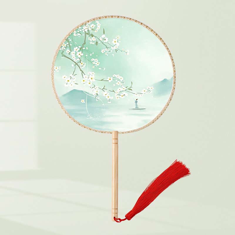 Buddhist Blessing Ginkgo Leaf Koi Fish Cherry Blossom Spring Flowers Handheld Wood Handle Fan