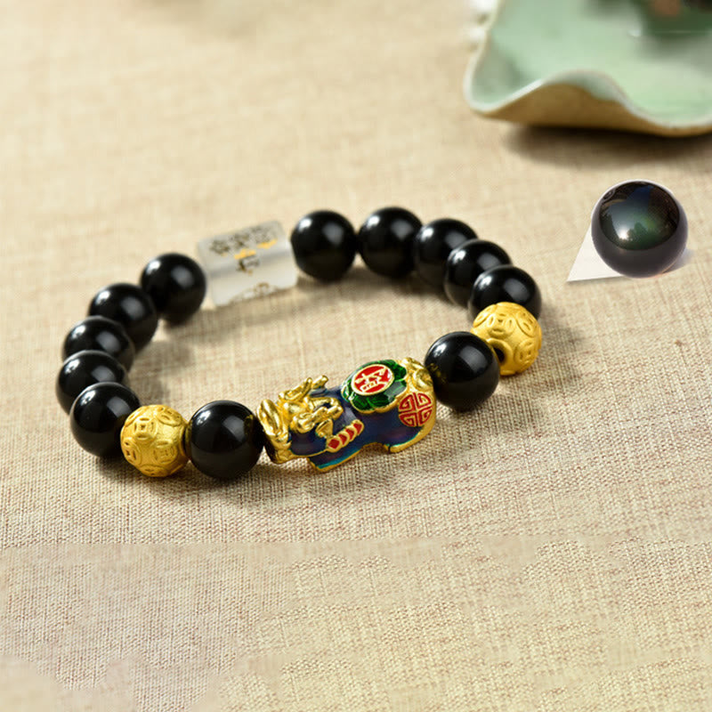 Buddhist Blessing Fengshui Copper Pixiu Rainbow Obsidian Beads Wealth Bracelet