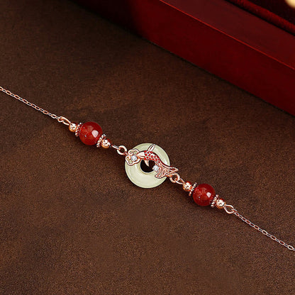 Buddhist Blessing Natural Hetian Jade 925 Sterling Silver Plated Gold Red Agate Beads Koi Fish Peace Buckle Luck Bracelet