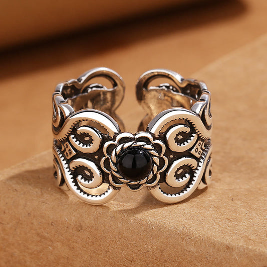 Buddhist Blessing Black Onyx Copper Mongolian Pattern Adjustable Fortune Ring