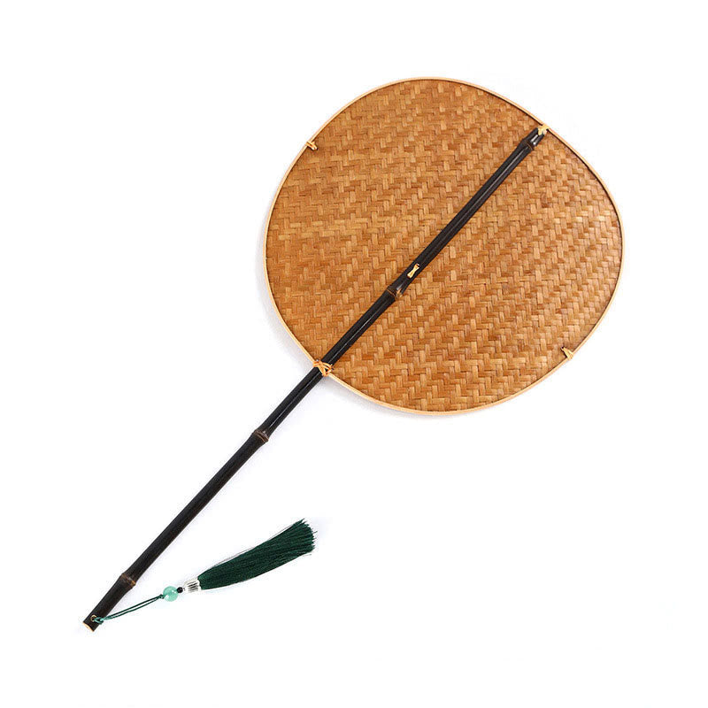 Buddhist Blessing Chinese Style Handmade Bamboo Woven Oval Round Banana Conical Shape Long Handle Fan