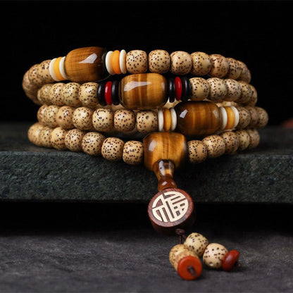 Buddhist Blessing 108 Mala Beads Bodhi Seed Tiger's Eye Fu Character Peace Bracelet