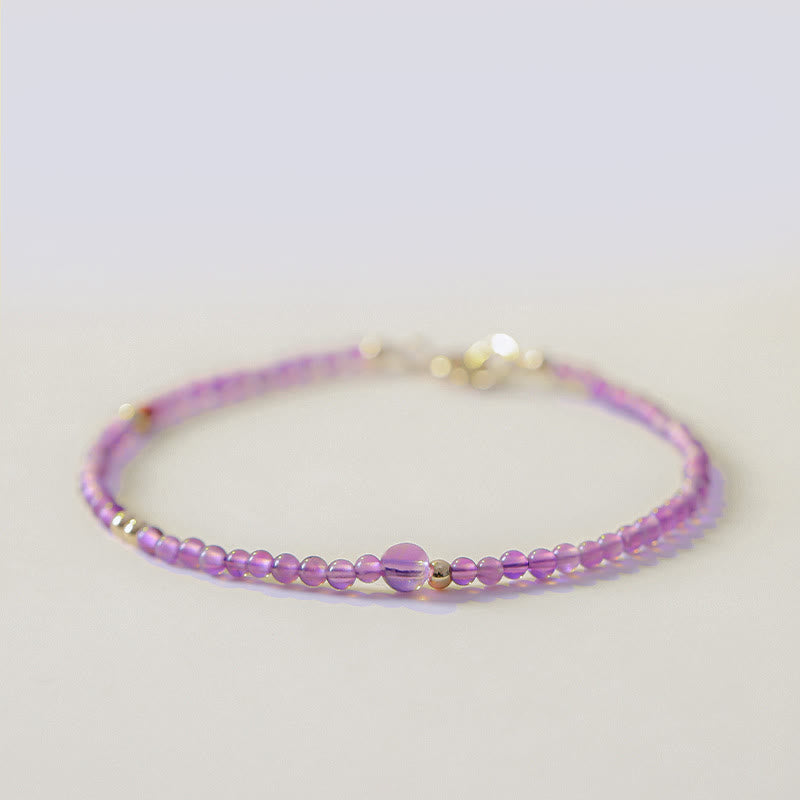 Buddhist Blessing 2mm Ultra-Thin Beads Natural Amethyst 14k Gold Plated Copper Inner Peace Meditation Bracelet