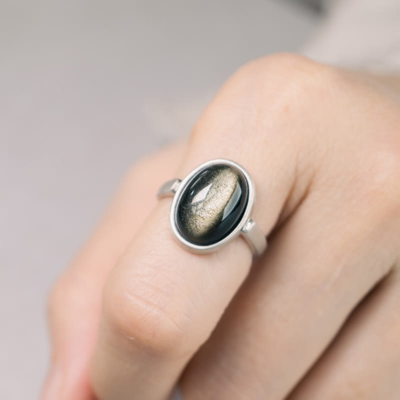 Buddhist Blessing Natural 925 Sterling Silver Gold Sheen Obsidian Adjustable Wealth Ring