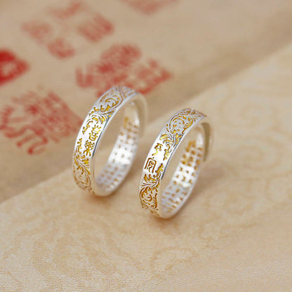 Buddhist Blessing Peace and Joy Tang Dynasty Flower Design Lotus Heart Sutra Carved Copper Luck Adjustable Ring