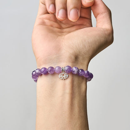 Buddhist Blessing 925 Sterling Silver Amethyst Lotus Design Natural Balance Bead Bracelet