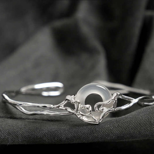 Buddhist Blessing 925 Sterling Silver Peace Buckle White Agate Protection Bracelet Bangle