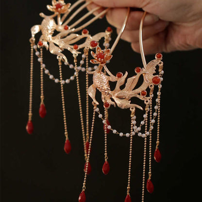 Buddhist Blessing Chinese Style Koi Fish Flower Tassel Red Agate Copper Gold Plated Hairpin Hair Comb